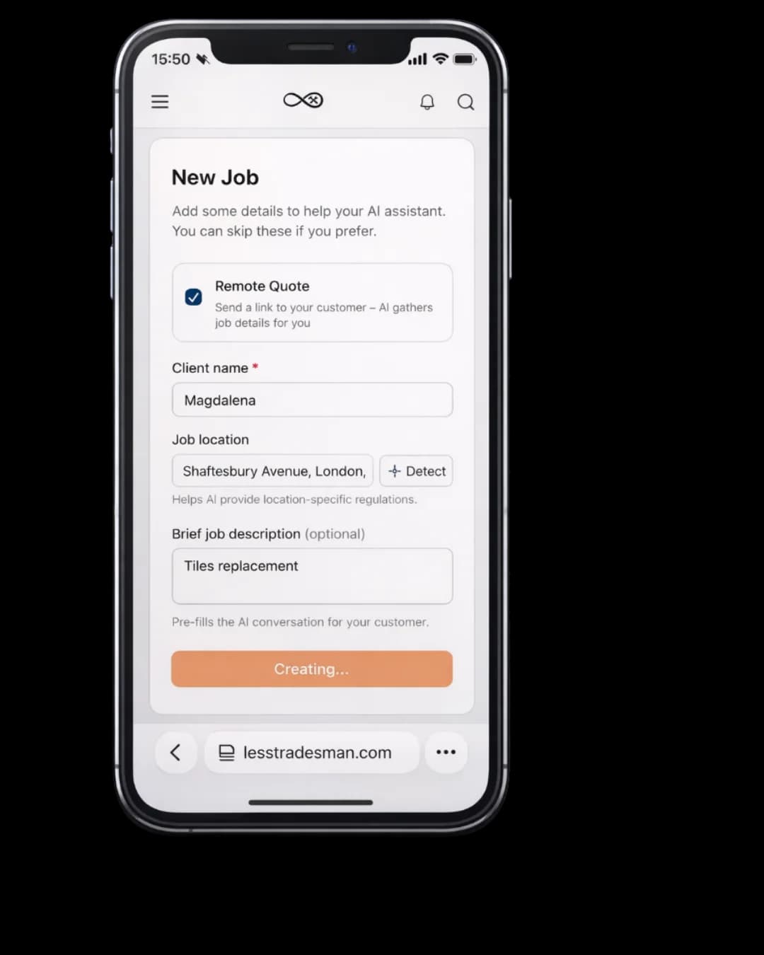 AI Remote Quote — a customer describing a tiles replacement job through the AI chat interface on mobile